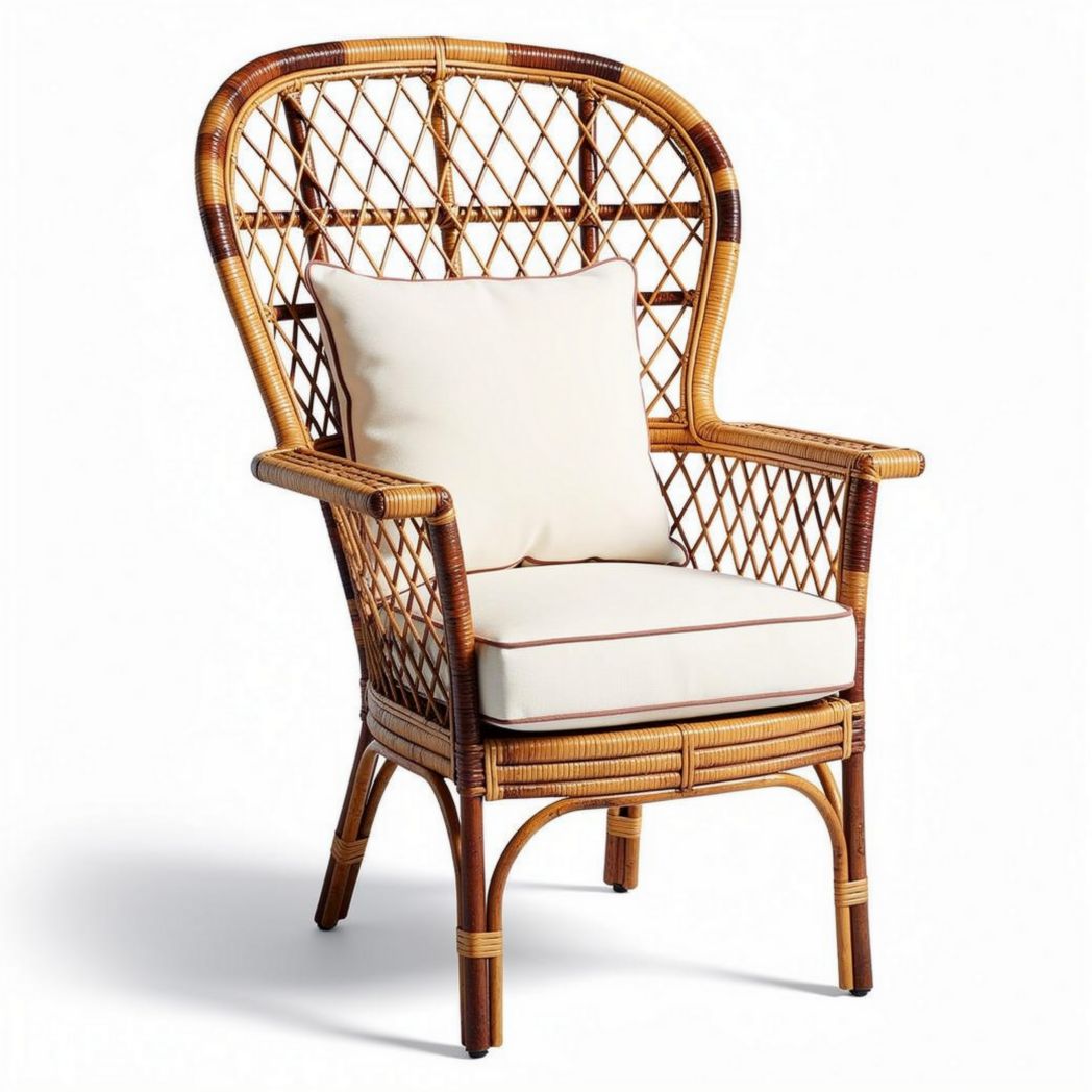 Fauteuil en rotin tressé avec coussin crème pour intérieur extérieur 85 x 80 x 100cm