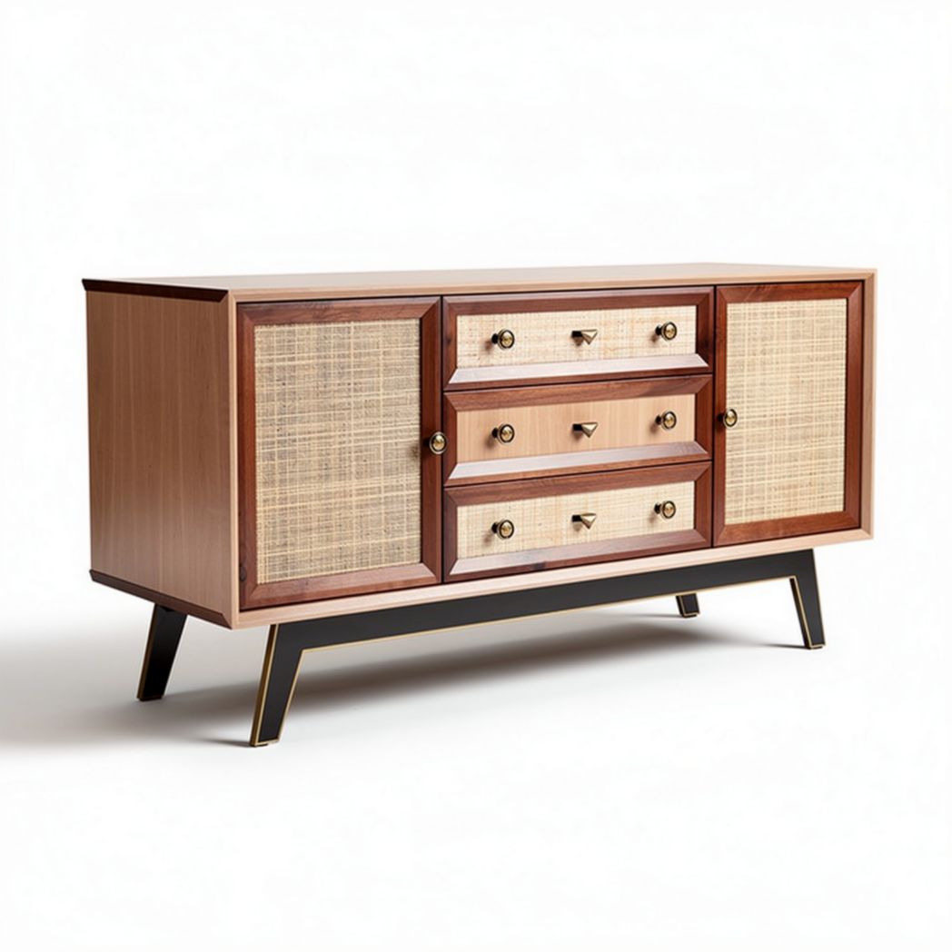 buffet en bois avec tiroirs en rotin 120 x 40 x 70cm contemporain